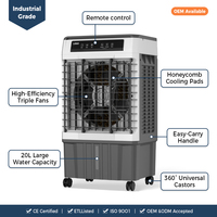 Refroidisseur d'air évaporatif industriel portable avec télécommande, 3 vitesses, design autoportant pour usage commercial
