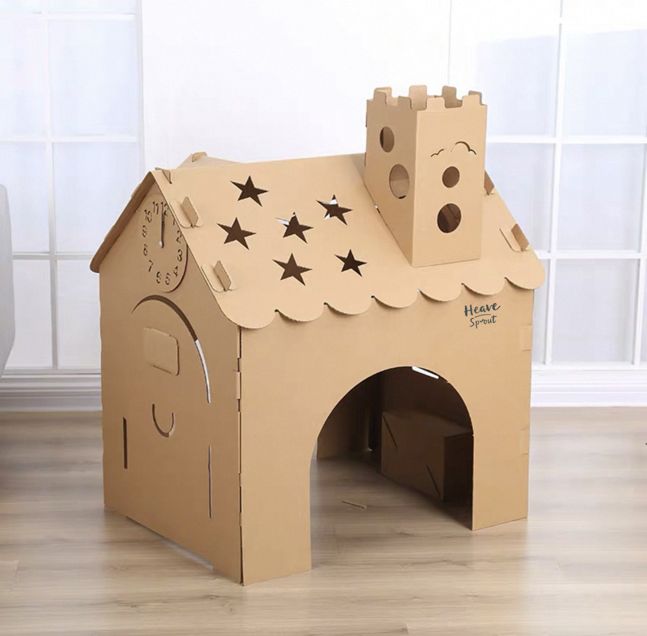 Casa De Cartón Plegable EcoEduHouse Para Niños | Gran Casa De Juegos Con Puerta Y Ventanas Abatibles, Buzón Y Maceteros, Para Pintar Y Decorar, Fomenta La Creatividad Y El Reciclaje, Regalo Ecológico