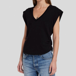 Lỏng lẻo v-cổ Vai giảm armhole TEE cong HEM bên ruching 100% cotton thoáng khí chống Đóng cọc phong cách giản dị OEM đen - Product Image 3