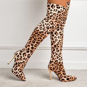 Women New Leopard 11cm Knee High Boots Pointed Elastic Fabric <b>Pole</b> <b>Dancing</b> Sexy Model Socks Boots - Product Image 2