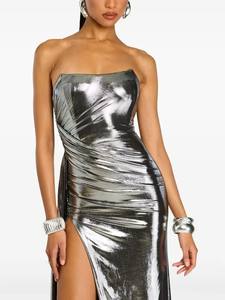 فستان سهرة رسمي للحفلات الصيفية، فستان أنبوبي معدني فضي لامع مكشوف الأكتاف بفتحة جانبية عالية، فستان ماكسي - Product Image 2