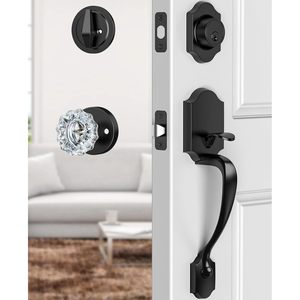 Calzibeno <b>Black</b> Front <b>Door</b> Handle And Deadbolt Set With Crystal Glass <b>Knob</b> Entry Lock Matte Finish Zinc Material - Product Image 1