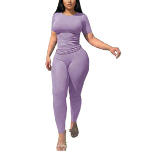 Women Ribbed Knit 2 Piece <b>Set</b> Short Sleeve Bodycon Top Full Length Leggings Solid Color <b>Sexy</b> Club Outfit Spring Summer Wear - Product Image 1