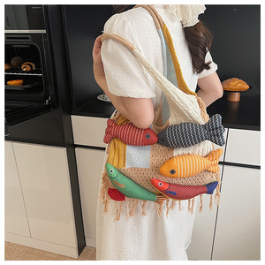 New Fish Creative Cute Boho Large Capacity <b>Crochet</b> <b>Storage</b> Tote <b>Bag</b> Color Block Hollow Out Multi Purpose Shoulder <b>Bag</b> for Travel - Product Image 1