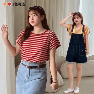 Camiseta Retro a Rayas de Algodón y Bambú Runqi N8731 para Mujer, Transpirable, de Manga Corta, en Rojo, Amarillo y Azul Denim - Product Image 2