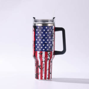 Gobelet isotherme en acier inoxydable de 40 oz avec poignée, couvercle et paille, motif drapeau national américain, isolation sous vide 12-24h, pour voiture - Product Image 3