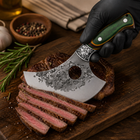 Couteau Ulu serbe à lame en acier martelé en forme d'éventail, manche en bois vert forêt, étui en cuir, pour la préparation des aliments