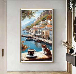 Stampa su tela con paesaggio <span class=keywords><strong>di</strong></span> un villaggio costiero impressionista, immagine vibrante per decorare le pareti del soggiorno - Product Image 4