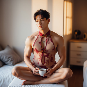 Men's sexy lingerie, red butterfly embroidered sheer cheongsam bodysuit, abstinence-style flirtatious sleepwear, open crotch, - Product Image 3