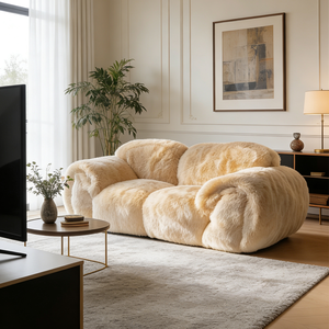 Juego de Sofás Blancos de Lujo, Sofá Moderno para Sala de Estar, Tapizado en Tela de Borrego, Cómodo Sofá de Piel de Oveja, Sofá Acolchado y Esponjoso - Product Image 5