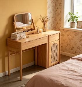 Premium Solid Oak Rattan <b>Dressing</b> <b>Table</b> Adjustable Mirror Multi <b>Storage</b> Cabinet Minimalist Bedroom Makeup Vanity - Product Image 3