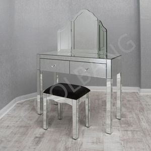 Modern Vanity Makeup <strong>Art</strong> <strong>Deco</strong> <strong>Dressing</strong> <strong>Table</strong> Set with Curved Mirror Metal and Panel Wood for Bedroom - Product Image 3