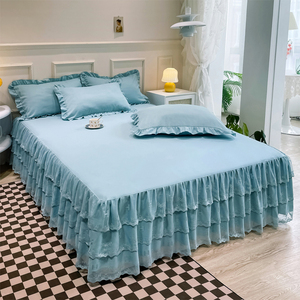 100% poliéster decoración estética H falda <span class=keywords><strong>de</strong></span> cama <span class=keywords><strong>de</strong></span> encaje familiar elástico cuatro estaciones colcha azul - Product Image 3