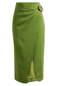 Jupe crayon mi-longue verte taille haute pour femme, couleur unie, satinée, élégante, toutes saisons - Product Image 3