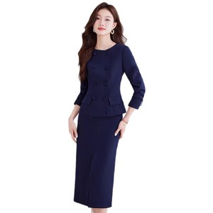 Blue Women's Suit Set Midi Skirt Three Quarter Sleeve Formal Work Attire Anti-Wrinkle Worsted Fabric - Product Image 5