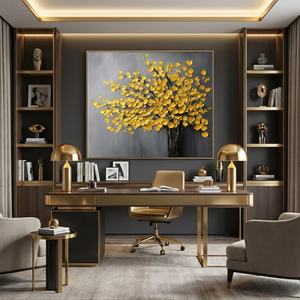 Peinture à l'huile texturée faite à la main, style nature morte, motif arbre doré minimaliste, arts décoratifs pour la décoration intérieure et l'art mural des hôtels - Product Image 4