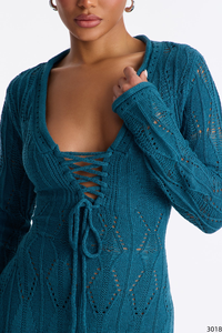 Robe de plage unie sexy en maille ajourée avec nœud sur le devant, robe longue moulante maxi pour femme, ensemble robe <span class=keywords><strong>pull</strong></span> - Product Image 3