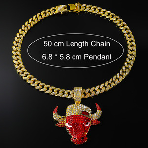 Nuevo Diseño, Collar con Colgante de Cabeza de Buey Rojo con Pedrería, Estilo Hiphop Rap, Chapado en Oro, Collares con Colgante de Aleación para Hombre, Joyería de Moda - Product Image 6