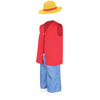 Disfraz de Luffy Estilo Pirata de Anime Japonés, Conjunto Completo con Sombrero de Paja, Chaleco Rojo sin Mangas y Pantalones Cortos Azules para Fiestas y Juegos de Rol