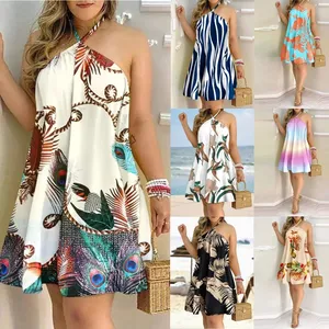 Vestido curto de verão feminino, estampa floral sem manga mini vestido de praia para mulheres