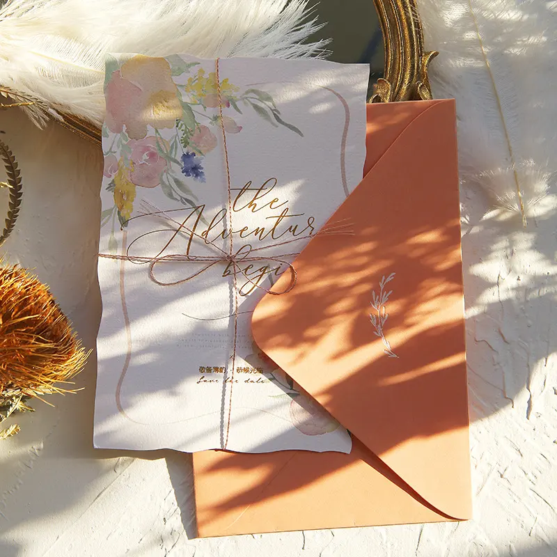 ฟอยล์สีทองดอกไม้รูปแบบกระดาษบัตรเชิญงานแต่งงานโลโก้ที่กำหนดเองนูนบัตรขอบคุณ