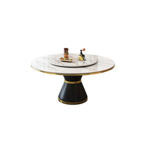 Solución de comedor de lujo moderna B2B, mesa redonda con aspecto de mármol, detalles dorados, <span class=keywords><strong>Lazy</strong></span> <span class=keywords><strong>Susan</strong></span> para casas de lujo, Material de Panel de madera y Metal - Product Image 6