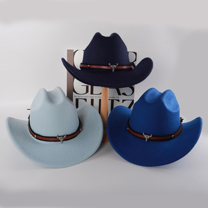 Sombrero de Vaquero de Poliéster Azul Claro y Azul Marino con Cinturón con Cabeza de Toro, Protección Solar, Cálido y con Sombra, Diseño Original Primavera 2025 - Product Image 1
