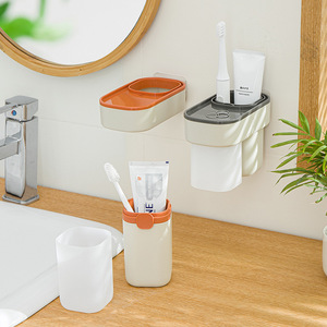 Toothbrush Cup Set Plastic Suction Cup Mount Bathroom Storage Toothpaste Holder With Lid Orange Gray - Product Image 1