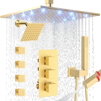 Système de douche thermostatique haut de gamme à 3 poignées, double tête carrée, avec douchettes LED de 12 et 6 pouces, jet corporel complet et 4 jets latéraux
