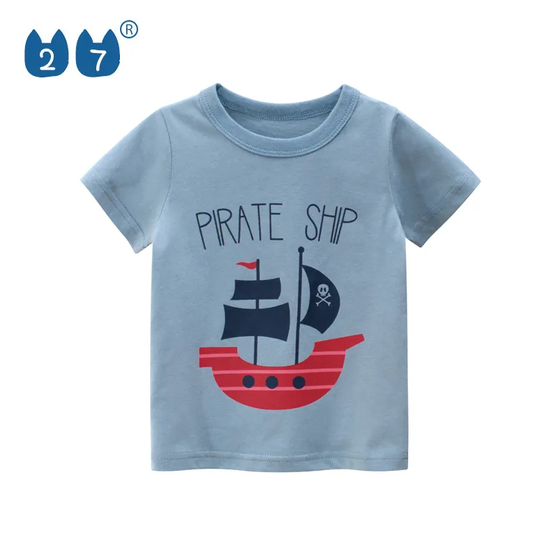 Blue Pirate Ship Fashion Cartoon Boys Short Sleeve T Shirt Kids Clothes