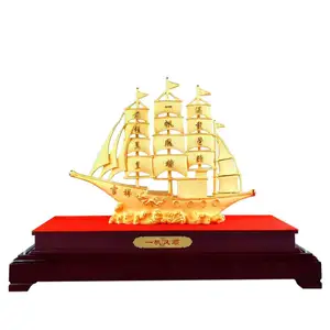 Business Gift 24K Real Gold Sailboat for Corporate Gift Plain Sailing Home Decoration Office Ornament 2024 Chinese Souvenir Gift