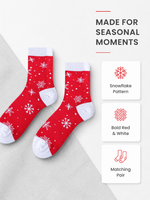 Chaussettes de Noël personnalisées OEM ODM en jacquard flocon de neige, chaussettes en tricot festives rouge et blanc contrastées pour coffrets cadeaux de fêtes