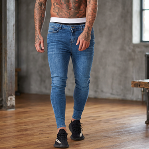 Jeans bleus classiques vintage sur mesure pour hommes, extensibles, respirants, avec fermeture éclair, broderie, boutons et rivets décoratifs, automne-été - Product Image 3
