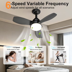 24.4" Black Ceiling <b>Fan</b> with Light, 3 Blades 6-Speed Reversible Quiet DC Motor, Dimmable LED Flush Mount for Bedroom Living Room - Product Image 4