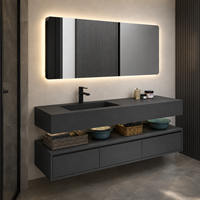 Meuble-lavabo mural noir moderne avec vasque et miroir LED, étagère ouverte, idéal pour projets hôteliers