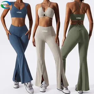 2023 Fashion Wholesale Workout 2 Piece Set Custom Logo Tracksuit Women Sexy Crop Top Flared Trouser Pants Gym Fitness Yoga Set
