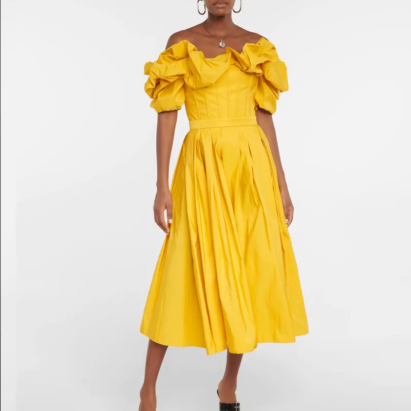 Wholesale 100%nylon Short Type Red Knee-length Yellow Ruffles Collarless Lady Dress For Women