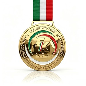 Medalla de Premio Personalizada de Aleación de Zinc con Acabado Dorado Espejo y Grabado Láser del Logotipo FK 2025, Campeonato <span class=keywords><strong>Italiano</strong></span> de Combate, con Cinta de la Bandera Italiana, Duradera - Product Image 1