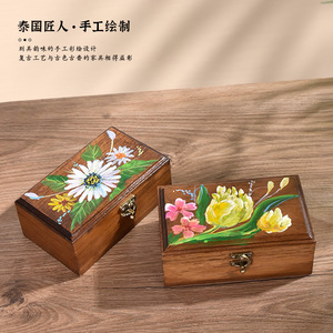 Boîte à bijoux en bois massif, design floral peint, rangement de bureau rectangulaire, compacte et couverte, ornement exquis de style chinois - Product Image 3