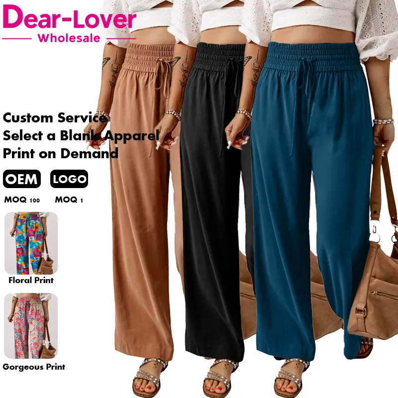 Dear-Lover OEM ODM Custom Private Label Wholesale Loose Summer Black Streetwear Pockets Ladies High Waist Wide Leg Pants Women
