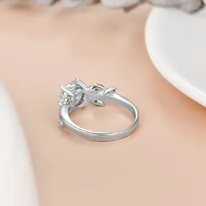 Fashion pertunangan perhiasan kubik cincin zirkon 925 perak murni janji cincin daun