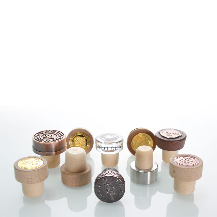 Luxury custom top printed wood top synthetic with metal circle vodka liquor spirits bottle cork stoppers