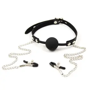 Leather Mouth Gag Ball Oral Breast Nipple Clamps With Chain Clips Adult Fetish Bondage Harness Erotic Toys For Women