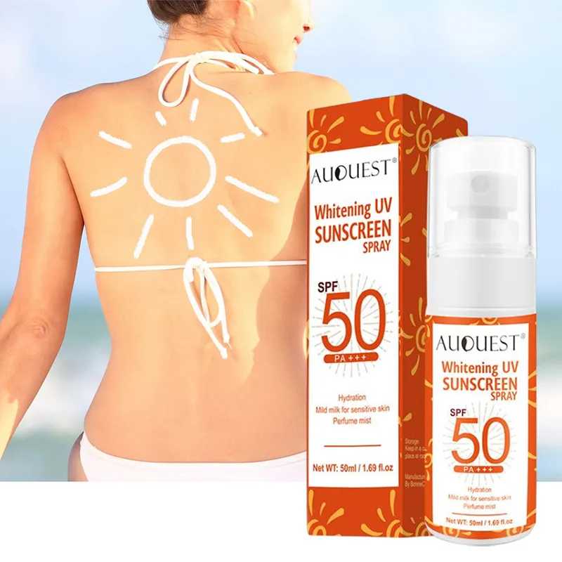 Toptan özel etiket SPF 50 Mineral güneş koruyucu sprey sis vücut yüz güneş koruma karşı UV uzun ömürlü güneş koruyucu