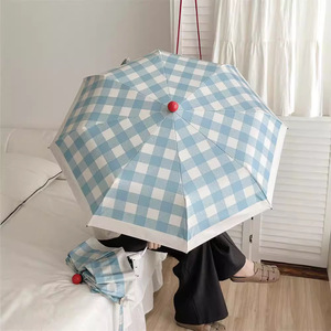 Cute Retro <b>Gingham</b> Umbrella, Compact 8 Ribs Windproof Sun Rain with <b>Red</b> Button, Portable Travel Gear - Product Image 3