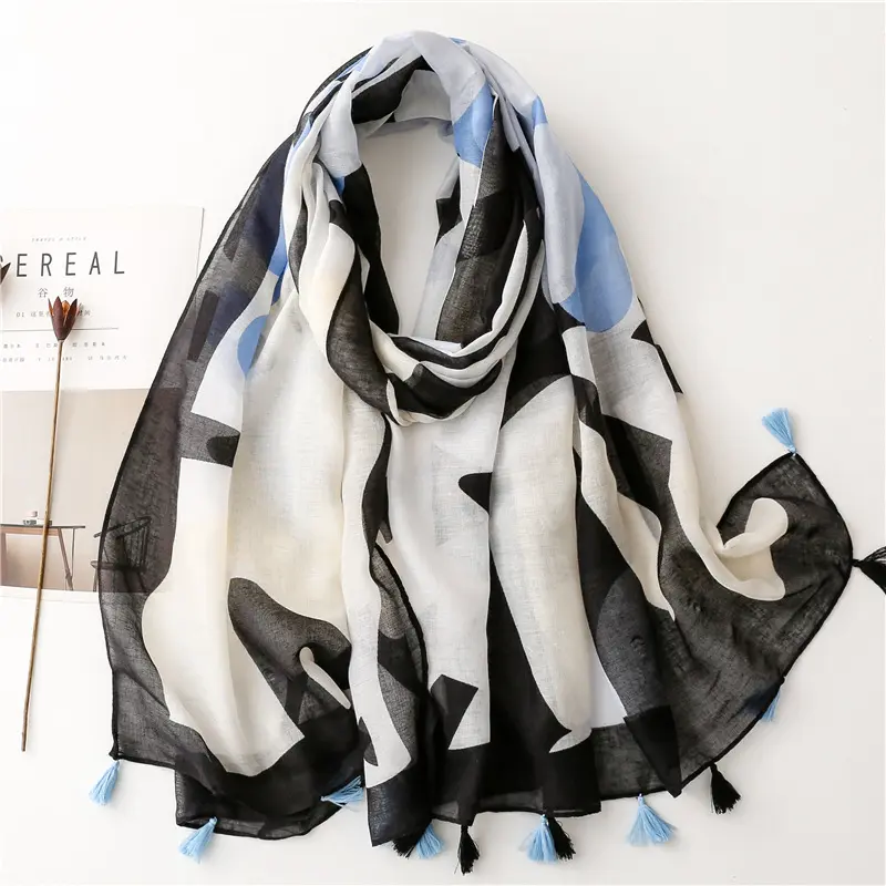 Hot Sell 2023 New Fashion Geometry Pattern Cotton Scarves For Women Long Large Plain Print Cotton Voile Scarf Shawl With Tassels