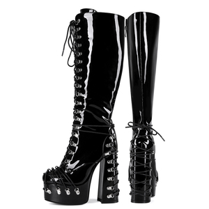 Bottes hautes à lacets en cuir verni pour femme, coupe large, avec boucles métalliques, plateforme épaisse et talons robustes, grandes tailles jusqu'au 47 - Product Image 2