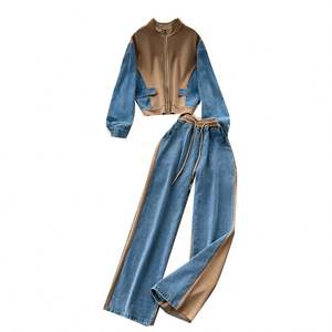 Ensembles décontractés pour femmes : Haut et pantalon en jean patchwork taille haute – Survêtements de jogging en gros - Product Image 5