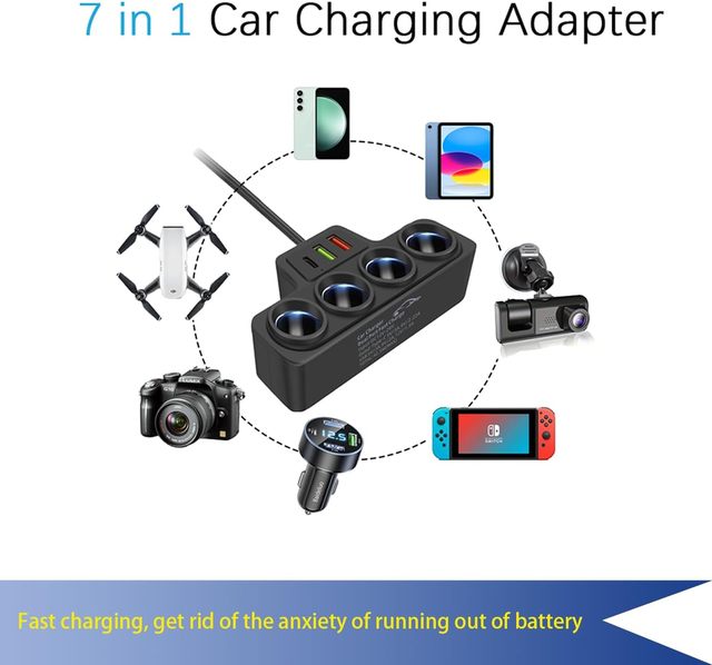 4-Socket Multifunction Cigarette Lighter Car Charger Stereo for 1-PD Fast Charger Port 3.1A 2-Port USB Adapter LED Light