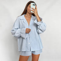SMOOTH Fabrik Maßgeschneidertes Damen Gestreiftes Cardigan-Shorts-Set Lose Langarm-Loungewear OEM ODM Homewear